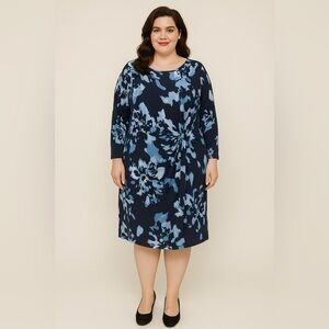 INC International Concepts Asymmetrical 3/4 Sleeves Blue Printed Dress Size 3x